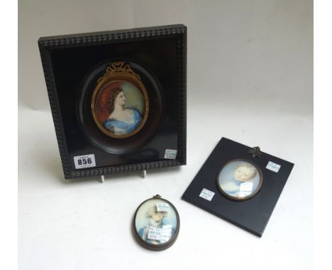 An oval watercolour on ivory, early 20th century, depicting a young girl in 18th century costume sporting a blue neckerchief,