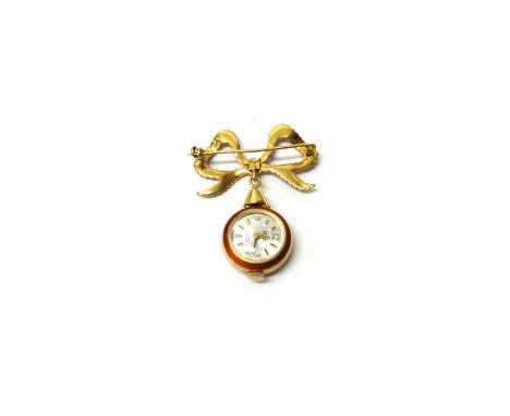 A lady's gold cased and red enamelled openfaced brooch watch, with a jewelled Swiss movement, the silvered dial detailed Horu