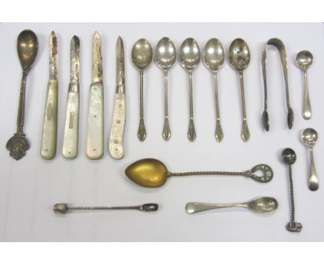 A George III silver caddy spoon, with a decorated handle, by Joseph Taylor, Birmingham 1807, three further silver caddy spoon