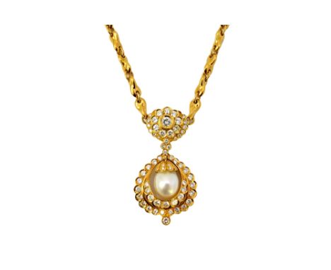 A gold, diamond set and cultured pearl necklace, the front mounted with a single diamond capped cultured pearl drop within a 