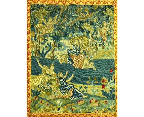 An 18th century tapestry fragment, depicting Europa on a bull waving to her two companions as she is abducted, later decorate