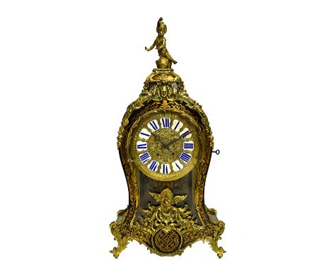 A 19th century French boulle bracket clock, with figural surmount and engraved dial plate inset with enamel Roman numerals, o
