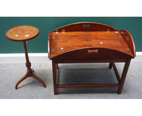A late 19th century marquetry inlaid satinwood tripod table, stamped 5551, together with a George III style drop side butler'