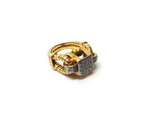 A gold and diamond set ring, in a square panel shaped design, mounted with twelve circular cut diamonds, between diamond set 