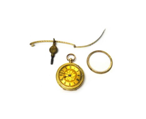 A lady's gold cased, key wind, openfaced fob watch, with a gilt cylinder movement, gilt metal inner case, the decorated gilt 