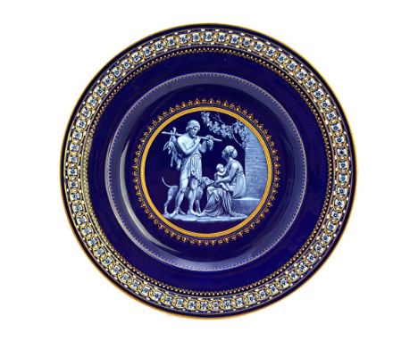 A good Meissen porcelain cobalt-blue ground cabinet plate, circa 1860, attributed to E.A.Leuteritz, enamelled in Limoges enam