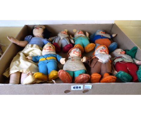 A set of Chad Valley Snow White and the Seven Dwarves felt toy figures, pre-war, 'Happy' with his original paper label (a.f),