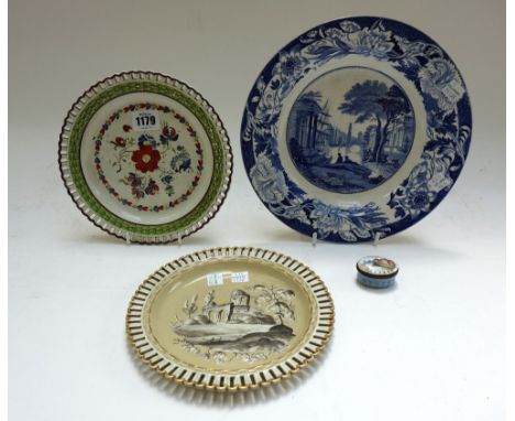 Three items of British pottery, late 18th and early 19th century, comprising; a Swansea pottery plate, painted with flowers i