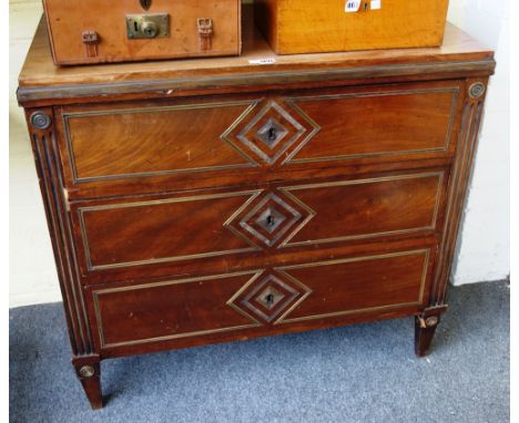 An early 19th century North European brass mounted mahogany three drawer commode, on tapering square supports, 91cm wide.