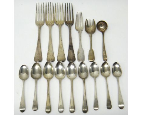 Silver table flatware, comprising; four Old English pattern table forks, crest engraved, London 1808, four thread edged Old E