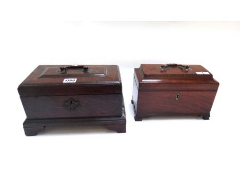 An 18th century oak rectangular three division tea caddy, on bracket feet, 28cm wide, together with a similar inlaid mahogany