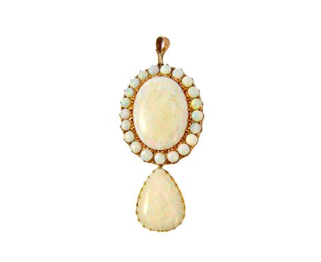 A gold and opal pendant, claw set with the principal oval opal at the top, within a surround of circular opals and with a pea