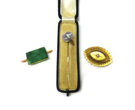 A diamond set and mauve enamelled stick pin with a flowerhead motif, with a Tiffany & Co, London case, a gold bar brooch, mou