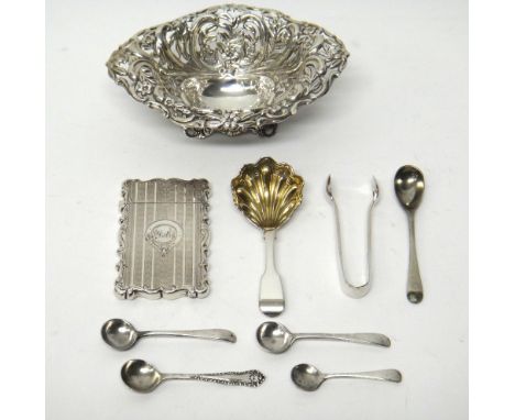 Silver, comprising; a Victorian shaped rectangular visiting card case, with engine turned decoration by George Unite, Birming