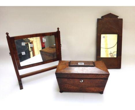 A Regency rosewood sarcophagus tea caddy, 28cm wide, an inlaid mahogany wall mirror, 20cm wide x 44cm high and a 19th century