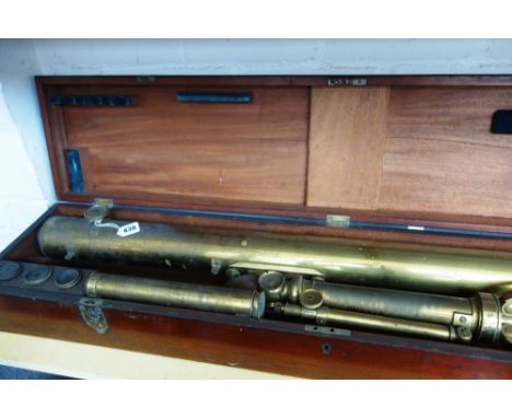 A 19th century Braham of Bristol single draw lacquered brass telescope on an adjustable tripod stand, in a fitted mahogany bo