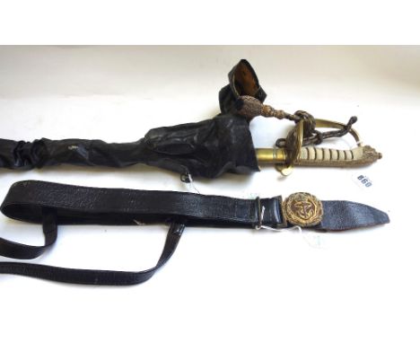 A Wilkinson naval dress sword, George VI period, with straight engraved blade, 79cm, brass folding guard, knuckle bow with na