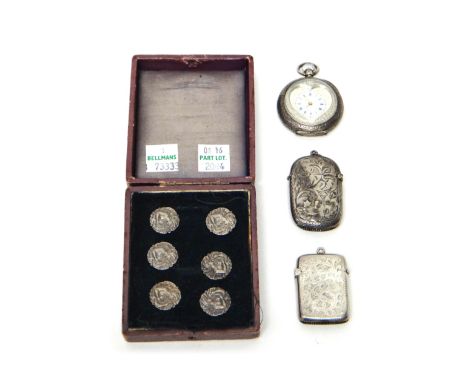 Two Victorian silver vesta cases, Birmingham 1897 and Chester 1899, a lady's keyless wind, openfaced fob watch, with a heart 