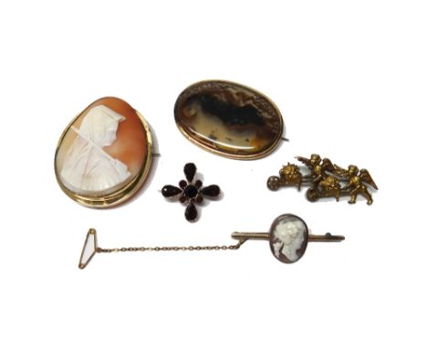 A gold mounted oval shell cameo brooch, carved as the portrait of a lady, detailed 9 CT, a gold mounted oval shell cameo bar 