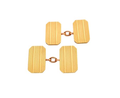 A pair of 9ct gold cut cornered rectangular cufflinks, with engine turned decoration, London 1962, combined weight 10 gms, wi