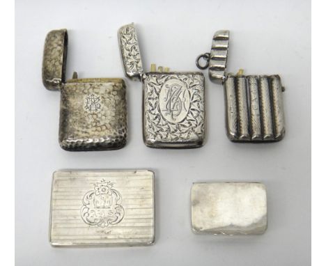 A silver vesta case of rectangular form with planished decoration, by S Mordan & Co, London 1900, together with two further s