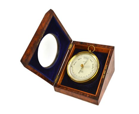 A Ross brass cased aneroid barometer/thermometer compendium, late 19th century, 11cm diameter, housed in a velvet lined walnu