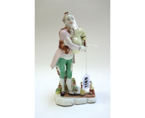 A Vienna figure of a bagpipe player, circa 1765, with blue shield mark, puce painter's mark '16', modelled standing before a 