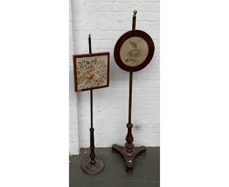 A 19th century mahogany pole firescreen, on triform base, the circular screen, needlework depicting a bird at next, 142cmH ov