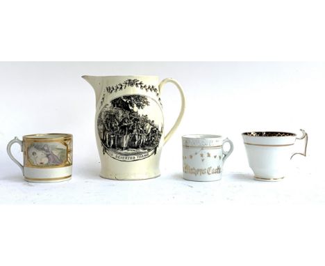 A 19th century transfer ware jug; together with a souvenir coffee cup, Spode teacup etc 