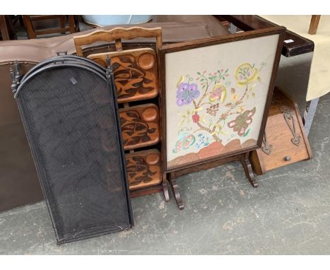 An Arts &amp; Crafts oak coal scuttle; together with several fire screens and a three tier folding cake stand 