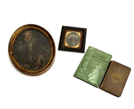 A small oil on panel, portrait of a gentleman with heraldic crest 'Vigilate', 20x15cm, together with an early photograph of a