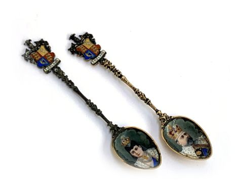 Two 800 silver and enamel spoons commemorating the 1901 coronation of King Edward VII and Alexandra of Denmark, c.1901