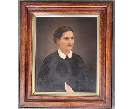 A 19th century American portrait of a lady in black, oil on board, inscribed to reverse 'Mrs John Sprigg of Springfield, Mass