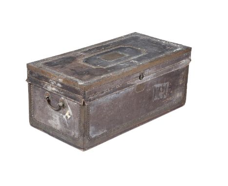 A leather and brass studded trunk early 19th century with white painted text James Church Esq. Passenger Pr Ripon &amp; Haddi