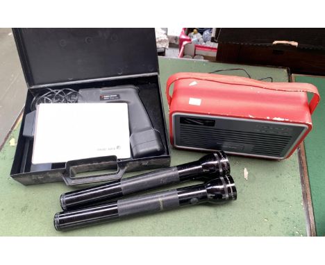 A View Quest retro style radio/iPod speaker, together with a Black and Decker drill and 2 large LED mag light torches 