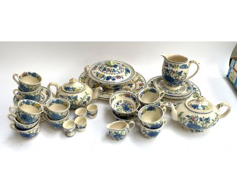 A Mason's ironstone 'Regency' tea service to include 2 teapots, lidded tureen, soup bowls, cake plates, eggcups, teacups, sau
