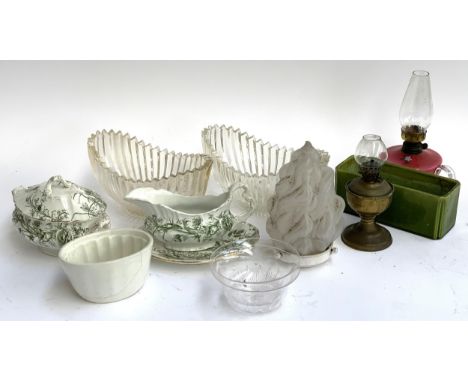 A mixed lot to include Bretby green glazed flower trough, a pair of glass flower troughs, 2 oil lamps, ceramic terrine mould 