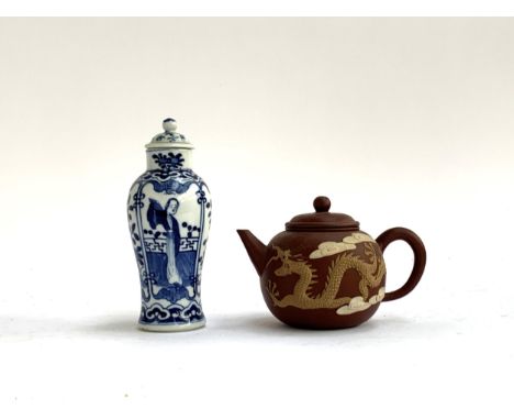 A small blue and white Chinese baluster vase with cover, 16.5cmH, together with a small clay Yixing teapot 