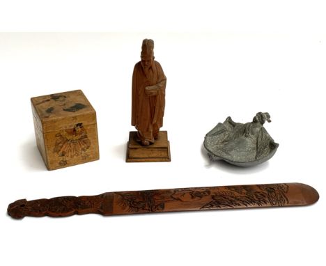 A Japanese tea caddy with figural images, 9cmH, a pewter pin dish in the form of a Geisha, 12cmW, a carved wooden figure of a