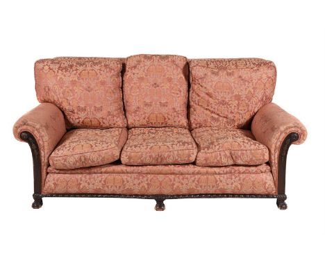 A mahogany and upholstered bergere sofa, covered in English silk, c.1900 and later, 191x91x93cmH 