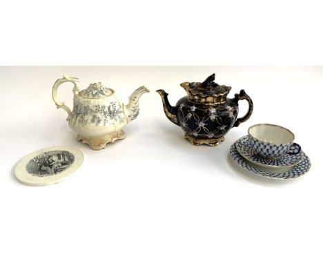 Two teapots (one af), together with a St. Petersburg Russia teacup, saucer and plate, pattern number 1744; and a 19th century