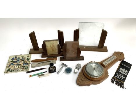 A mixed lot to include Art Deco style photo frames, oak cased barometer, smelling salts bottle, the perfection fountain pen b