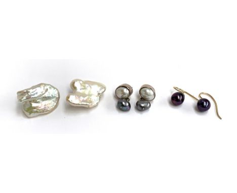 Three pairs of pearl earrings to include large keshi pearl clip on earrings 