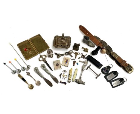 A mixed lot to include novelty playing card lighters, plated salt, watch keys, bone handled pen knife, Hohner pro harp, pin c