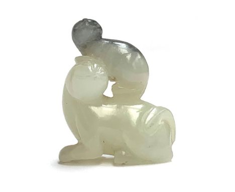 A small Chinese carved celadon and grey jade figure of a cat and kitten, approx. 3.5cmH, on a small fitted hardwood base 