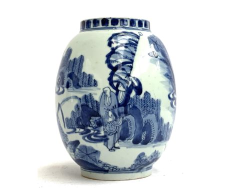 A Chinese blue and white Kangxi style vase, decorated with scenes of villagers amongst trees, 16cmH 