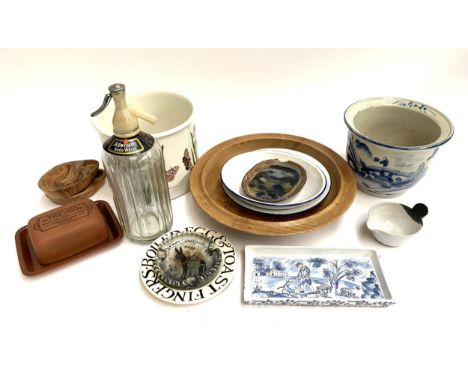 A mixed lot to include Emma Bridgewater plate, Schweppes soda siphon, enamel plates, The original Suffolk butter cooler, made