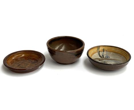 A Tenmoko glazed dish by Nic Harrison, formerly of Leach Pottery, 15cmD together with a Priscilla Goodfield pin dish and a sa