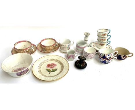 A mixed lot of ceramics (af) to include Sunderland lustre ware teacup, hand painted floral and gilt mug, present from Munich 