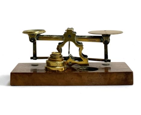 A set of 19th century brass postal scales with weights by S Mordan &amp; Co, London 